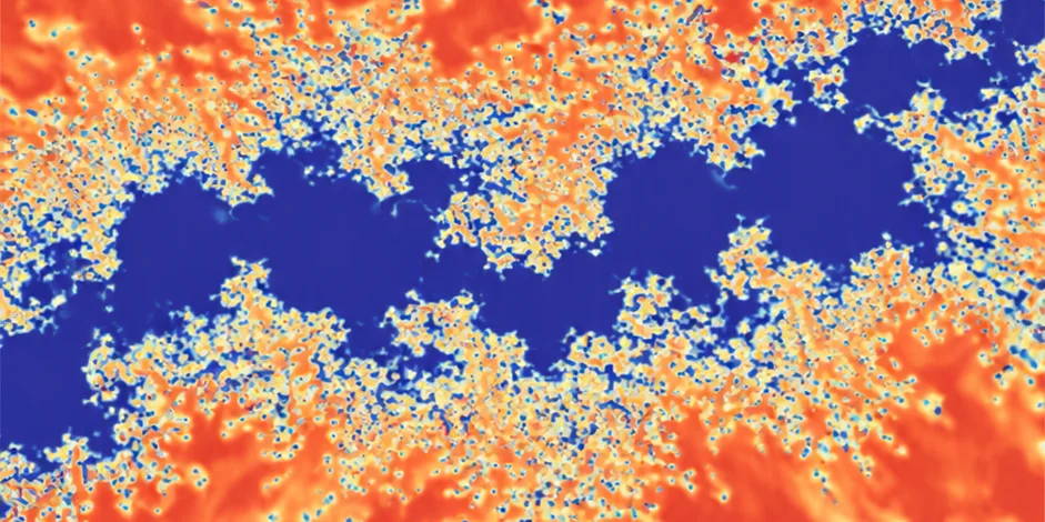Simulation snapshot of a shattering cold gas cylinder surrounded by a mist of small cold fragments